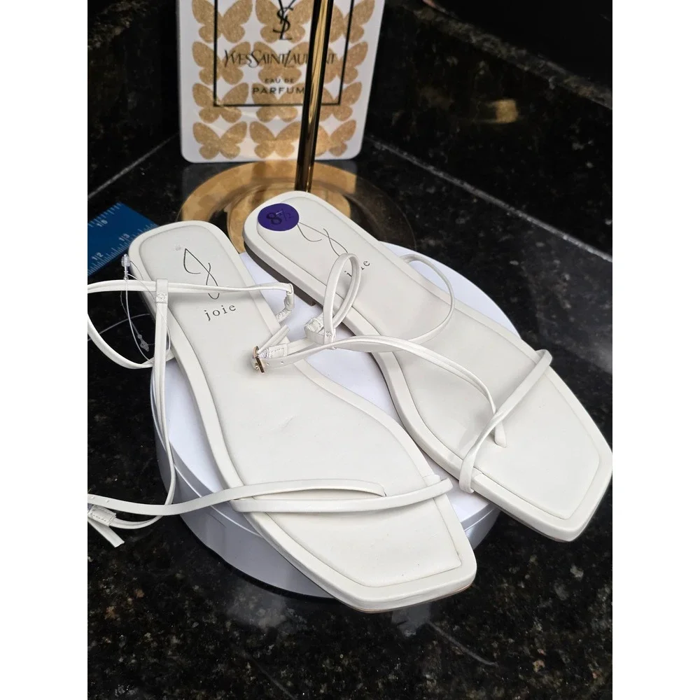 Joie Glory Sandal 8.5 White Strappy Square Toe Minimalist Flat Ankle Wrap Sandal